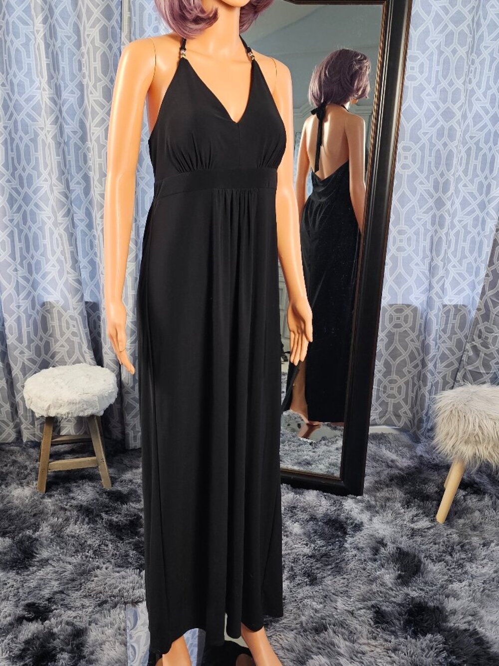 Scarlett Nite Vintage Black Halter Maxi Dress, Stretch Formal Gown, Size M, NWT